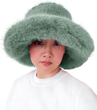Lina & Lily Oversized Winter Faux Fur Bucket Hat for Women - Long Pile Fur Wide Moldable Brim (Mint Green)