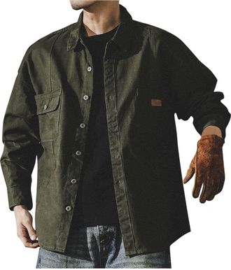 Generic Mens Button Down Shirts Tactical Cargo Long-Sleeve Turn-Down Collar Casual Shirt Fashion Versatile Lounging Working Office Lapel Sacket Jacket with Fl