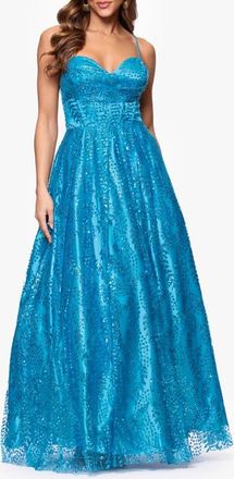 Blondie Nites Gllitter Dot & Leaf Ballgown in Aqua at Nordstrom, Size 11