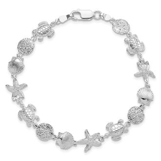 Diamond2Deal Sterling Silver Rhodium-plated Polished/Textured Sea Life Bracelet 7.25