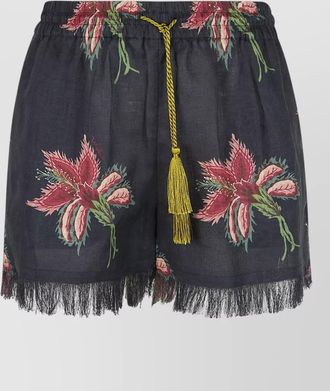 Valentino Garavani linen shorts floral pattern fringe tassels