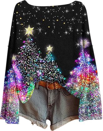 Generic womens christmas tops Womens Christmas Tree Sweatshirts UK Long Sleeve Novelty Funny Print Jumper Oversized Crewneck Xmas Holiday Casual Shirts Fashio