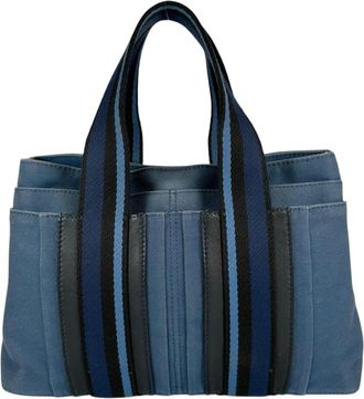 Herm&egrave;s Black Blue Canvas Handbag Tote Bag (Pre-Owned)