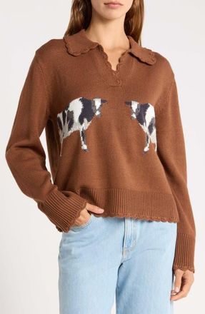 Farm Rio Countryside Cow Split Neck Sweater in Brown at Nordstrom, Size X-Large