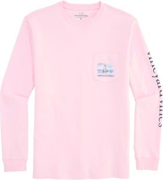 Vineyard Vines Shining Sea Long Sleeve Cotton Graphic Pocket T-Shirt in Pink Drink at Nordstrom, Size Xx-Large