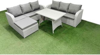 Fimous Patio Dining Table & Chairs Set Rattan High Back Lounge Sofa Set with 3 Seater Sofa Big Stool Light Grey - Fimous