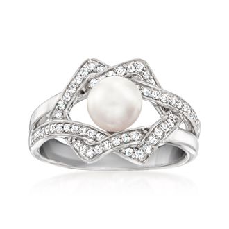 Ross-Simons 6-6.5mm Cultured Pearl and. Diamond Interlocking Ring in Sterling Silver