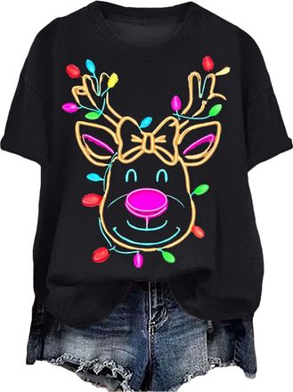 Generic Christmas T Shirt Womens Merry Christmas Shirt Xmas O Neck Shirts Womens T Ladies Xmas Shirts Light Tree Blouse Tops Woman Ladies Short Sleeve Tshirts