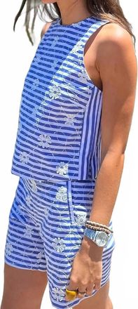 Vilagallo Floral Embroidery Striped Top In Blue
