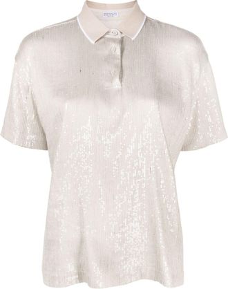 Brunello Cucinelli sequin embellishment polo T-shirt - women - Silk/Acetate/Polyester/Cotton - L - Neutrals