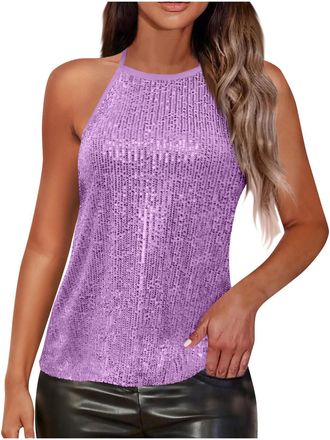 Generic Sparkly Tops for Women UK Halter Neck Sequin Top Party Glitter Tank Tops Ladies Night Out Clubbing Outfits Purple Size 16-18
