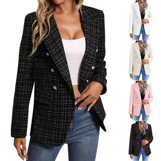 Generic Womens Tweed Blazers Business Notched Lapels Double Breasted Jackets Casual Long Sleeve Open Front Work Suits Fashion 2026 Boyfriend Houndstooth Patte