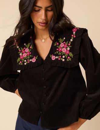 Nobody's Child Black Cord Floral Embroidered Oversized Ruffle Collar Blouse
