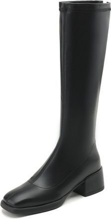 Generic Womens PU Leather Knee-High Boots Square Toe Medium Block Heels Side Zipper Stretch Upper Soft Lining Cushioned Insole Durable Non-Slip Outsole,Black,