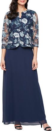 Alex Evenings Floral Embroidered Mock Two-Piece Gown with Jacket in Navy Multi at Nordstrom, Size 10P