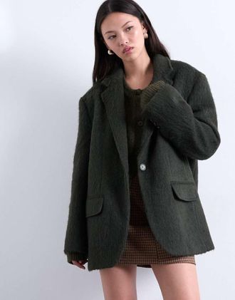 Topshop Cappotto stile blazer taglio lungo spazzolato in misto lana kaki con bottone singolo-Verde
