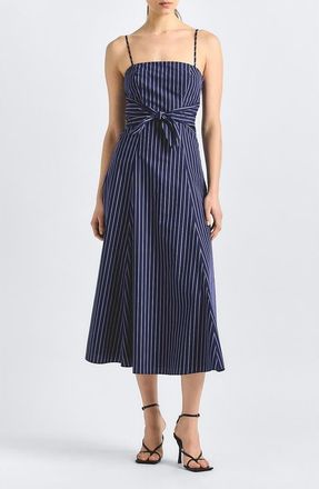 Derek Lam Zandra Tie Waist Sleeveless Midi Dress in Dark Navy Stripe at Nordstrom, Size 12