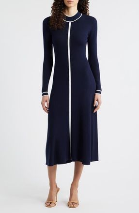 Elie Tahari The Noemi Contrast Trim Long Sleeve Rib Midi Dress in Navy/Sky White at Nordstrom, Size X-Large