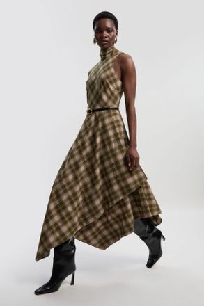 Karen Millen Womens Tailored Check Belted Full Midi Dress - Green - Size 12 UK