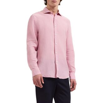 Bugatchi Axel Shaped Fit Linen Button-Up Shirt in Pink at Nordstrom, Size Xxx-Large
