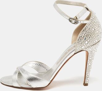 Gina Silver Leather Crystals Embellished Ankle Strap Sandals