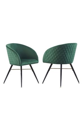Life Interiors Set of 2 Vittorio Velvet Dining Chairs with Black Metal Legs, Quilted Design Modern Accent Chair in Green