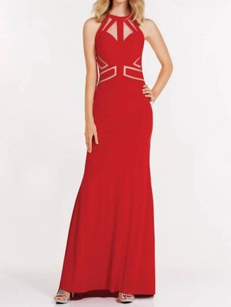 Alyce Paris Strappy Halter Neck Long Jersey Gown In Red