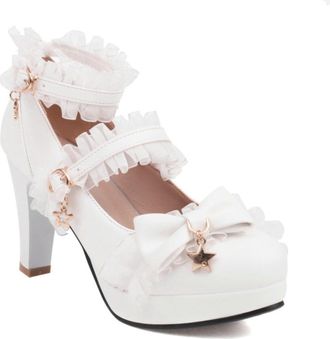 Generic Womens Lolita Style Block Heel Pumps - Bow & Star Charm Double Ankle Strap Lace Party Shoes,White,5.5 UK