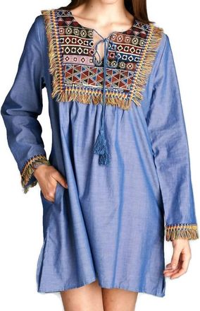 Velzera Fringe Geometric Chambray Mini Dress In Blue