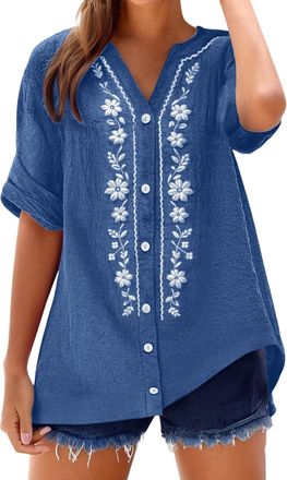 Generic Womens Embroidered Cotton Linen Gauze Blouse - Summer 3/4 Sleeve Boho Floral Detail Dressy Casual Loose Tunic Top(1A-Blue, L)