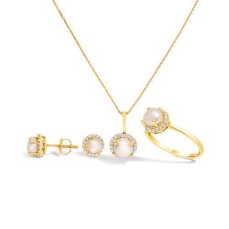 House of Brilliance 10K Gold Gemstone and 3/8 Cttw Diamond Halo Jewelry Set in Yellow | Pearl at Nordstrom