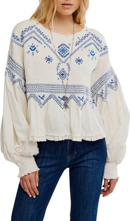 Free People Holly Smocked Embroidered Top in Eggnog Combo at Nordstrom, Size X-Large