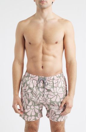 Boardies Tropical Floral Swim Trunks in Olive/Pink at Nordstrom, Size Xx-Large