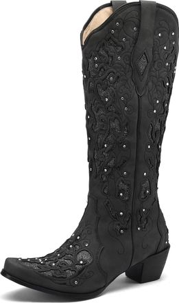 SaraIris Womens Black Cowgirl Boots Cowboy Boots Western Boots Wide Heel Pointed Toe Rhinestone Knee High Boots, 1 black, 4 UK