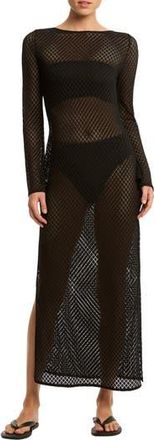 Sea Level Australia x India Hicks Long Sleeve Sheer Lace Cover-Up Dress in Black at Nordstrom Rack, Size Large