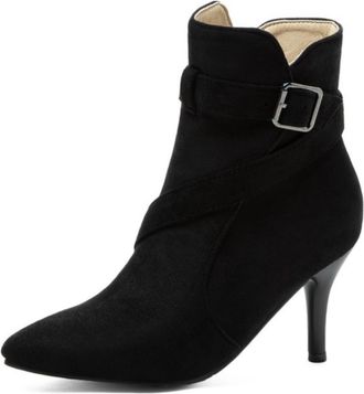 Generic Womens Suede Ankle Boots Pointed Toe Metal Buckle Stiletto Heels Retro Stylish Dressy Casual Evening Party Office Work Shoes with Side Zipper,Black,9.