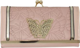 Generic Ladies Butterfly Stitches Card Slots Purse Metal Plate Foldout Womens Wallet Handbag (Pink)