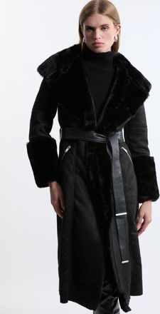 Karen Millen Faux Shearling Belted Midi Coat in Black at Nordstrom, Size 4