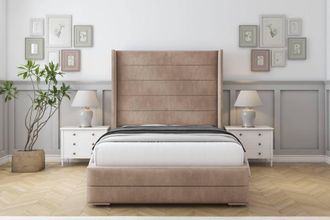 Sloomy Sterling Naples Frame-Mattress - 50 Upholstered Wingback Headboard in Light Brown | Size: Double