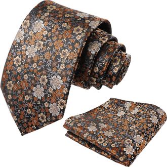 Alizeal Mens Floral Necktie with Pocket Square for Wedding Party Tie and Handkerchief Set, Black+Brown+Gray