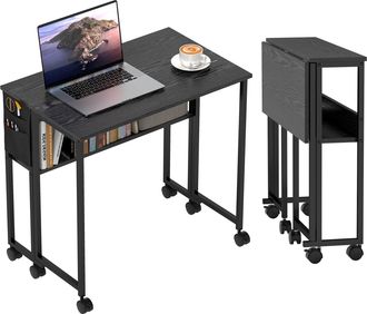 HOMCOM Homcom Escritorio Plegable Con Ruedas Y Estante, Mesa Escritorio Con Bolsillo De Almacenaje, Para Casa, Oficina, Espacios Peque&ntilde;os, 80x50x75 Cm, Negro