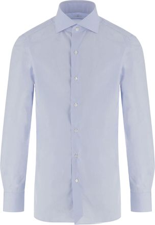 Finamore Light Blue Ribbed Cotton Curved Hem Shirt