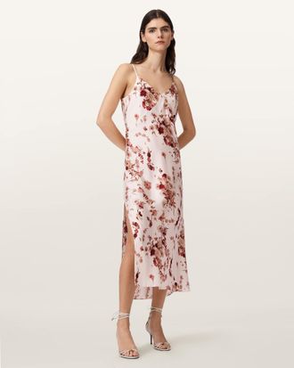 AllSaints Silk/ Viscose Melody Floral Silk Blend Midi Slip Dress., Size: UK 14/US 10