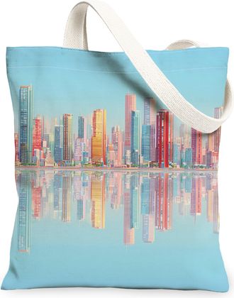 Generic Cityscape Canvas Tote Bags, Colorful Skyline Pattern Reusable Grocery Bags, Summer Stylish Lightweight Washable Shoulder St, Blue, 13x15 Inch