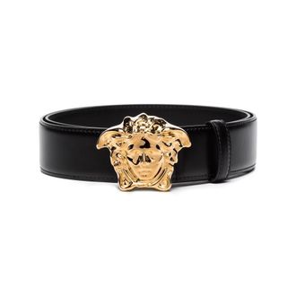 Versace Mens Black-Versace Gold La Medusa Leather Belt, Size 80