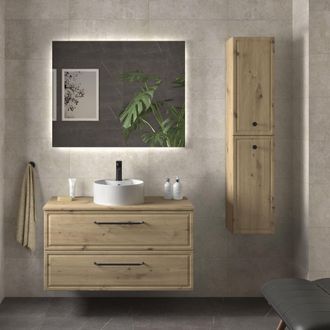 Cygnus Bath Mueble De Ba&ntilde;o Runa 100cm Roble 2 Cajones Lavabo Sobre Encimera 1 Poza Porcelana