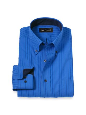 Paul Fredrick Tailored Fit Non-iron Cotton Stripe Dress Shirt With Contrast Trim