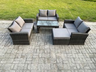 Fimous 7 Seater Rattan Wicker Garden Furniture Patio Conservatory Sofa Set with Coffee Table Double Seater Sofa Big Footstool in Dark Grey