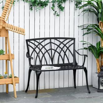OUTSUNNY 2-Seater Cast Aluminium Garden Bench Decorative Patio Loveseat Ergonomic Armrest in Black