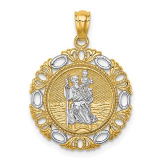 Diamond2Deal 14k Yellow Gold White Rhodium Solid St. Christopher Medal Edge Pendant